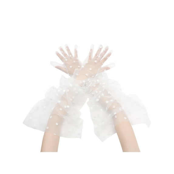 INSPIRE CHIC Women's Extra Long Lace Summer Flared Cuffs Gloves Full Finger Sheer Polka Dots Glove One Size White Big Dots