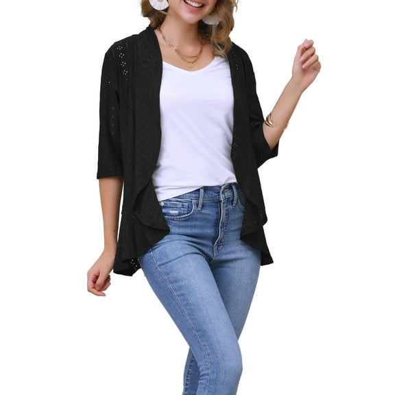 INSPIRE CHIC Valentine's Day Women's Eyelet 3/4 Sleeve Ruffle Open Front Casual Cardigans L Black