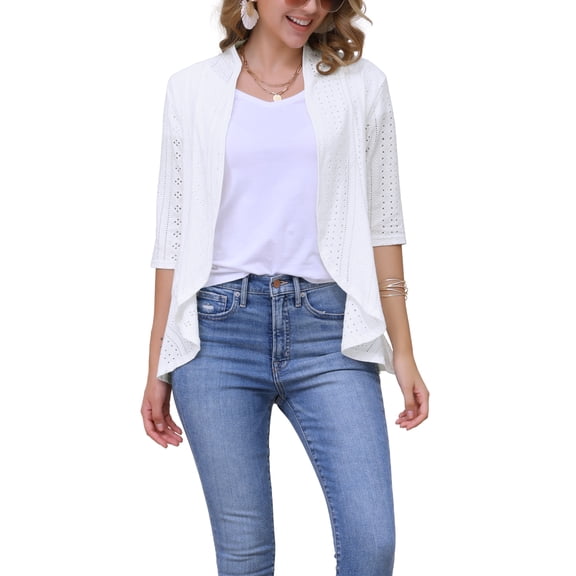 INSPIRE CHIC Valentine's Day Women's Eyelet 3/4 Sleeve Ruffle Open Front Casual Cardigans S White