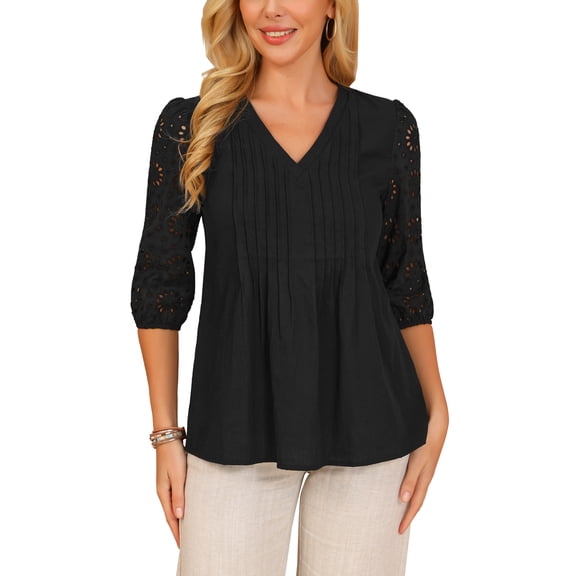 INSPIRE CHIC Women's Eyelet Blouses 3/4 Sleeve Pleated V Neck Embroidery Lace Flowy Casual Shirts L Black