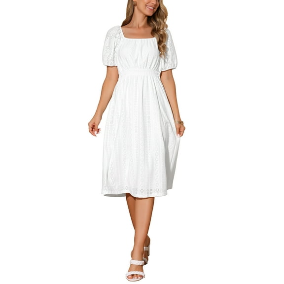 INSPIRE CHIC Women's Eyelet Dresses Square Neck Short Puff Sleeve Casual A Line Summer Midi Dress L White
