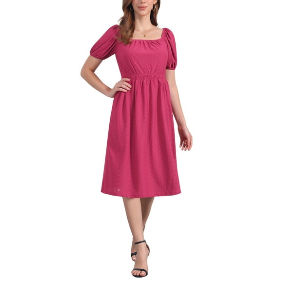 INSPIRE CHIC Women's Eyelet Dresses Square Neck Short Puff Sleeve Casual A Line Summer Midi Dress M Dark Hot Pink