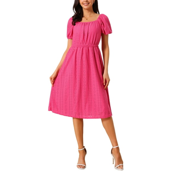 INSPIRE CHIC Women's Eyelet Dresses Square Neck Short Puff Sleeve Casual A Line Summer Midi Dress M Hot Pink