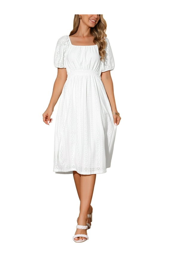 Women's Eyelet Dresses Square Neck Short Puff Sleeve Casual A Line Summer Midi Dress M White