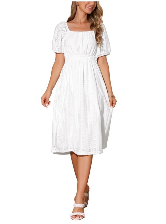 Women's Eyelet Dresses Square Neck Short Puff Sleeve Casual A Line Summer Midi Dress S White