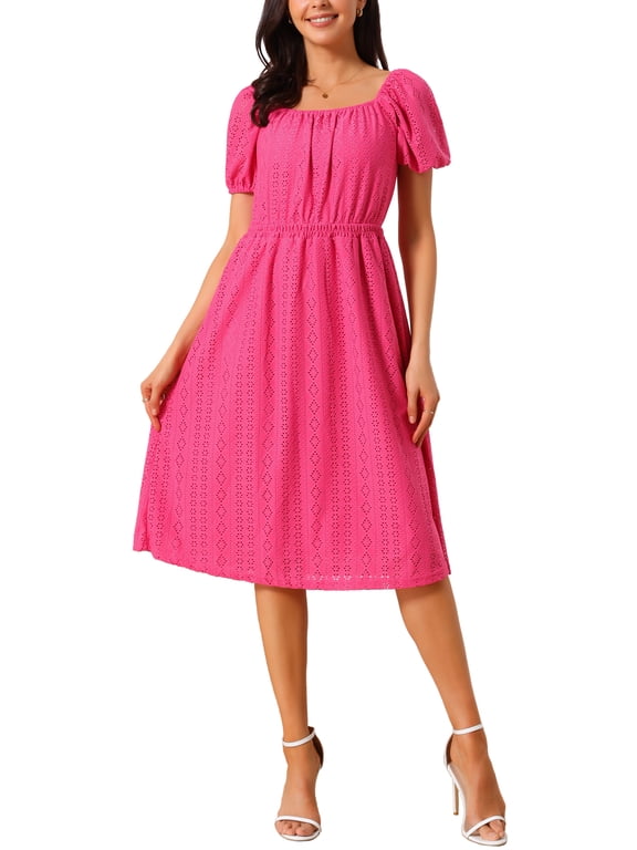 Women's Eyelet Dresses Square Neck Short Puff Sleeve Casual A Line Summer Midi Dress XL Hot Pink