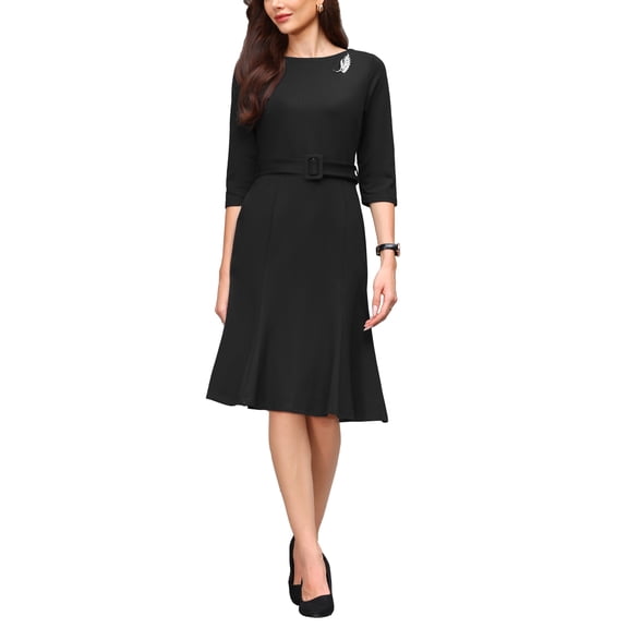 INSPIRE CHIC Women's Fishtails Dress with Brooch 3/4 Sleeve Boat Neck Funeral Dress with Belted S Black