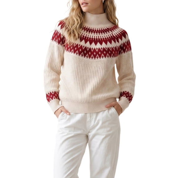 INSPIRE CHIC Women's Fair Isle Sweater Casual Vintage Mock Neck Long Sleeve Pullover Small Red