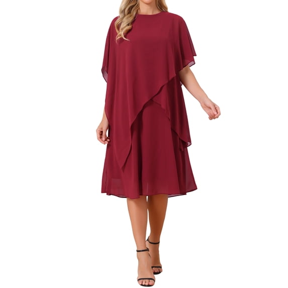 INSPIRE CHIC Women's Fall Dresses Chiffon Cape Overlay Crewneck Asymmetric Ruffle Formal Shift Midi Dress for Wedding Guest S Wine Red