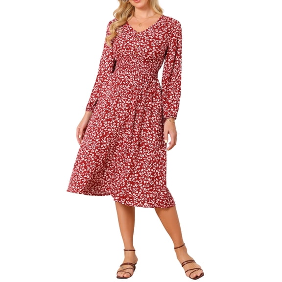 INSPIRE CHIC Women's Fall Dresses Long Sleeve V Neck Floral Boho Flowy Midi Dress L Red