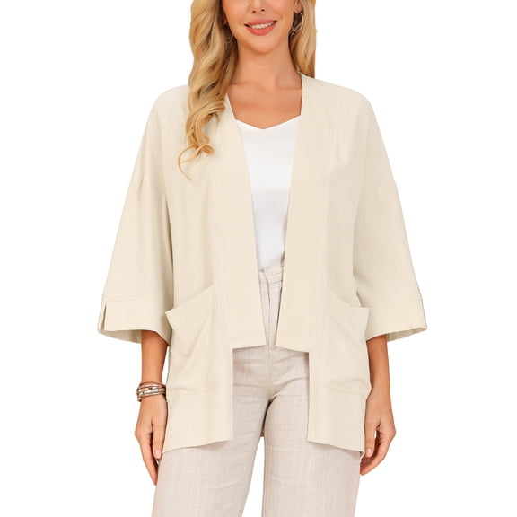 INSPIRE CHIC Women's Fall Linen Cardigan 3/4 Sleeve Open Front Loose Fit Lightweight Shrug with Pockets S Khaki