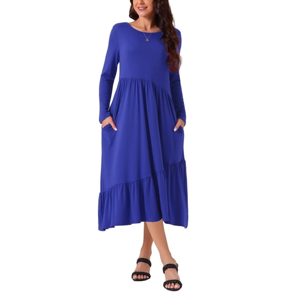 INSPIRE CHIC Women's Fall Long Sleeve Casual Loose Pleated Tiered Crewneck Swing Midi Dress with Pockets L Blue