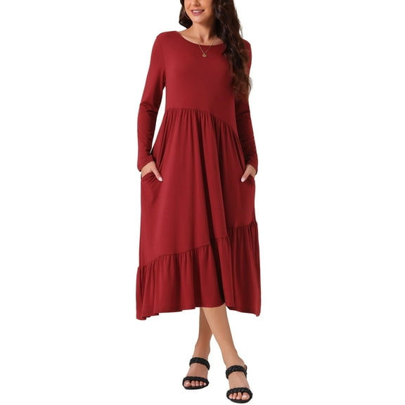 INSPIRE CHIC Women's Fall Long Sleeve Casual Loose Pleated Tiered Crewneck Swing Midi Dress with Pockets L Wine Red