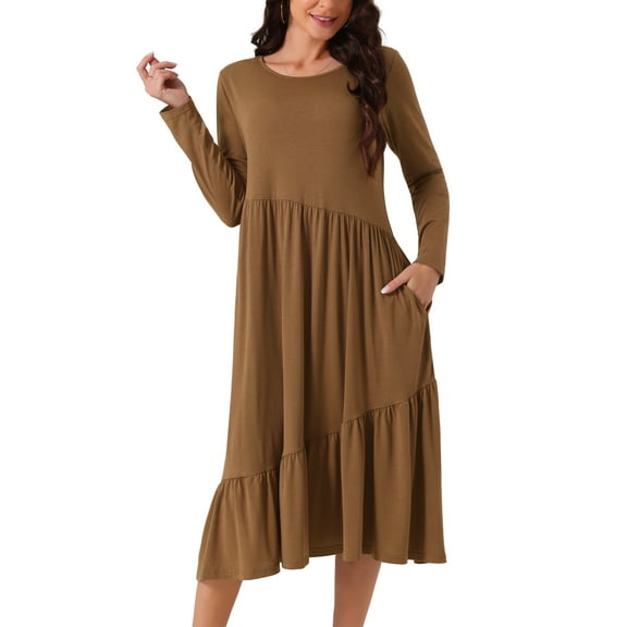 INSPIRE CHIC Women's Fall Long Sleeve Dress Crewneck Casual Loose Pleated Tiered Swing Midi Dresses with Pockets M Brown