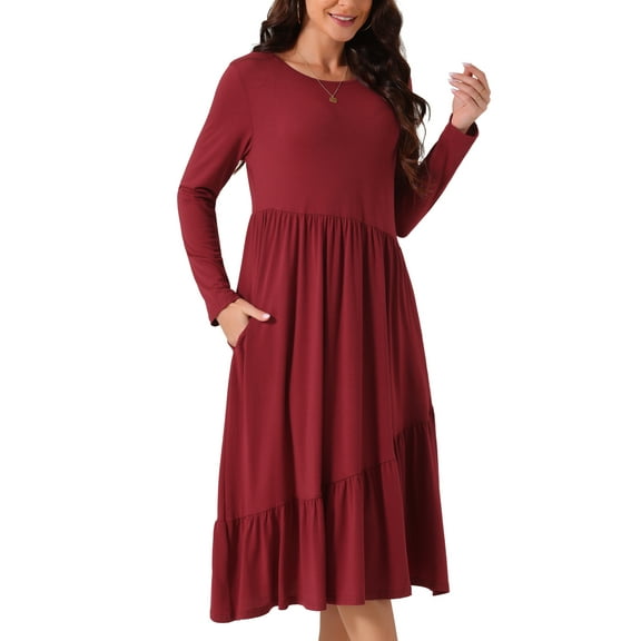INSPIRE CHIC Women's Fall Long Sleeve Dress Crewneck Casual Loose Pleated Tiered Swing Midi Dresses with Pockets XL Wine Red