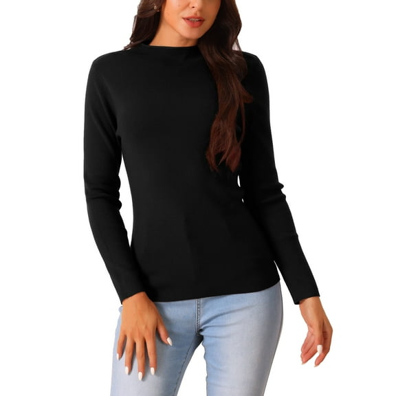 INSPIRE CHIC Women's Ribbed Sweater Mock Neck Long Sleeve Casual Slim Fit Fall Winter Pullover Top L Black