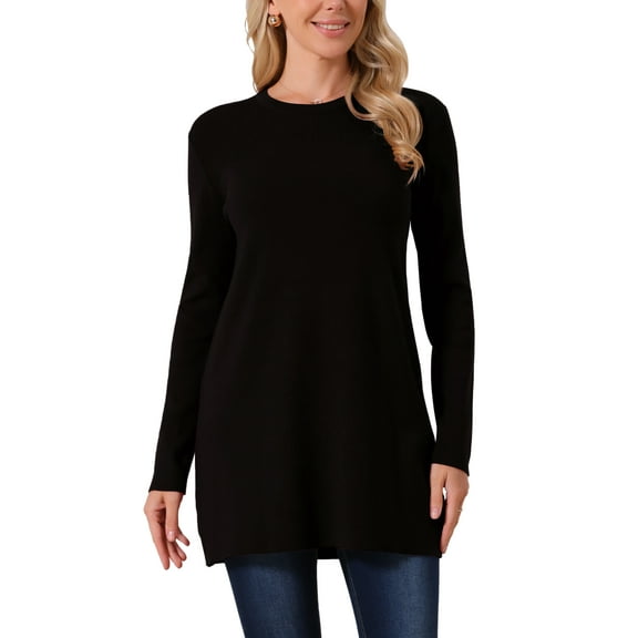 INSPIRE CHIC Women's Fall Winter Sweater Dress Crewneck Long Sleeve Oversized Tunic Sweater Loose A-Lined Pullover Top M Black