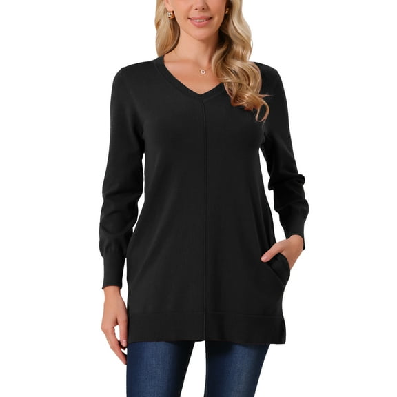 INSPIRE CHIC Women's Fall Winter Sweater V Neck Long Sleeve Oversized Sweater with Pockets Loose Chunky Tunic Pullover Top XL Black