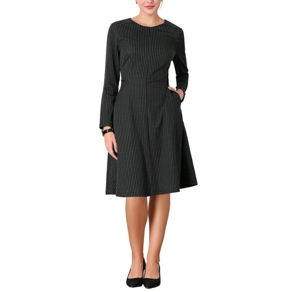 INSPIRE CHIC Women's Fall Zipper Neck A-Line Midi Long Sleeve Striped Dress L Black