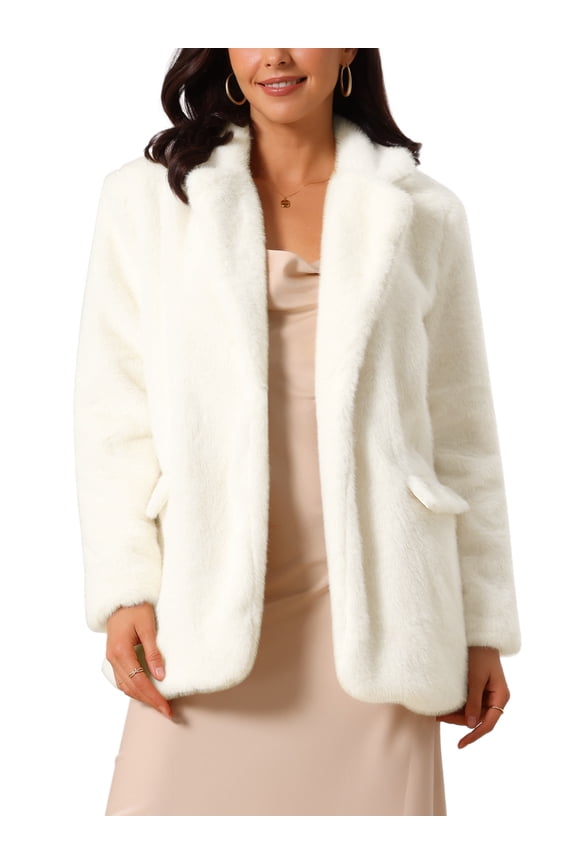 Women's Faux Fur Coat Fashion Winter Open Front Jacket Notch Lapel Long Sleeve Fluffy One Button Coat M Beige