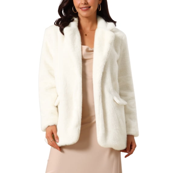 INSPIRE CHIC Women's Faux Fur Coat Fashion Winter Open Front Jacket Notch Lapel Long Sleeve Fluffy Coat S Beige