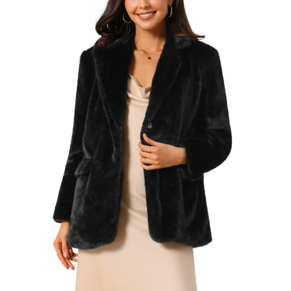 INSPIRE CHIC Women's Faux Fur Coat Fashion Winter Open Front Jacket Notch Lapel Long Sleeve Fluffy One Button Coat S Black