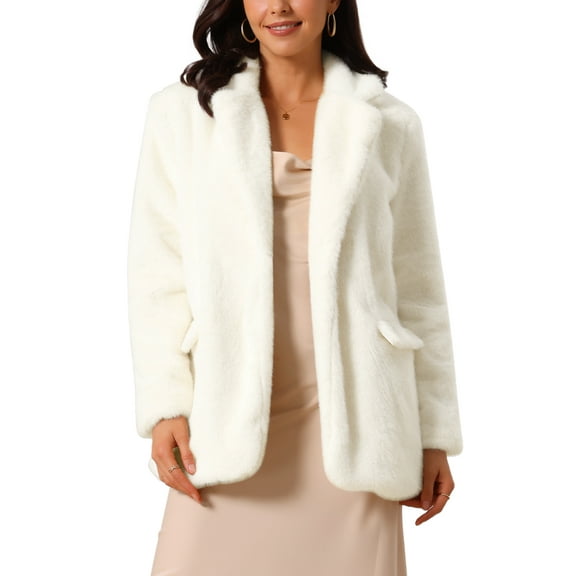 INSPIRE CHIC Women's Faux Fur Coat Fashion Winter Open Front Jacket Notch Lapel Long Sleeve Fluffy One Button Coat XL Beige