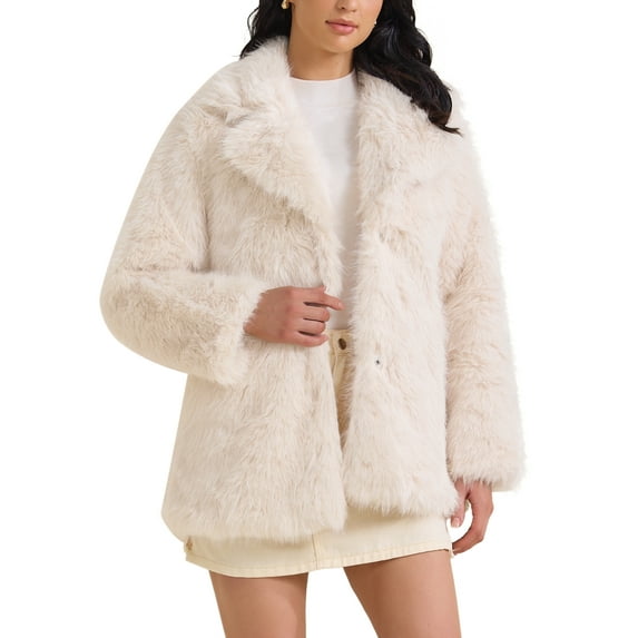 INSPIRE CHIC Women's Faux Fur Coat Fluffy Long Sleeve Lapel Winter Outerwear Coat M Beige