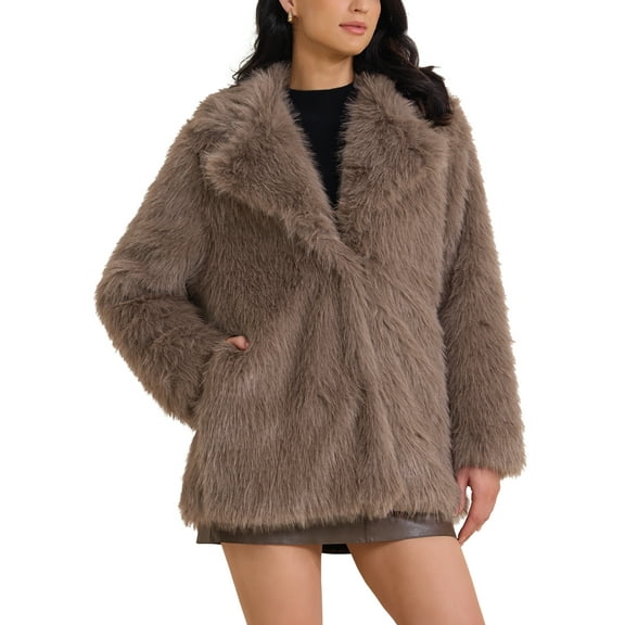 INSPIRE CHIC Women's Faux Fur Coat Fluffy Long Sleeve Lapel Winter Outerwear Coat M Coffee