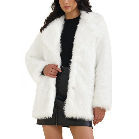 INSPIRE CHIC Women's Faux Fur Coat Fluffy Long Sleeve Lapel Winter Outerwear Coat M White