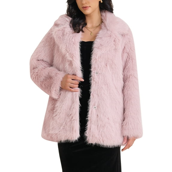 INSPIRE CHIC Women's Faux Fur Coat Fluffy Long Sleeve Lapel Winter Outerwear Coat XL Pink