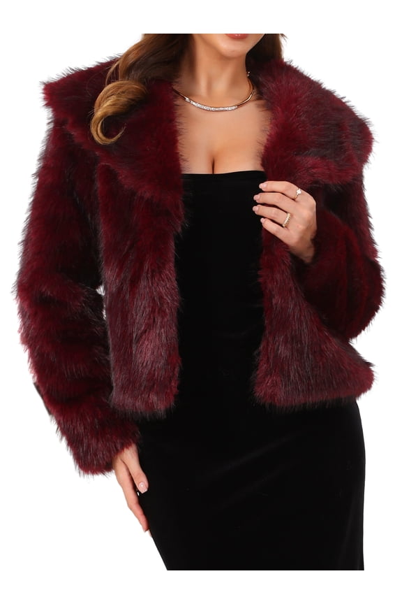 Women's Faux Fur Jacket for Evening Cocktail Lapel Open Front Fluffy Shaggy Crop Coat 2XL Burgundy