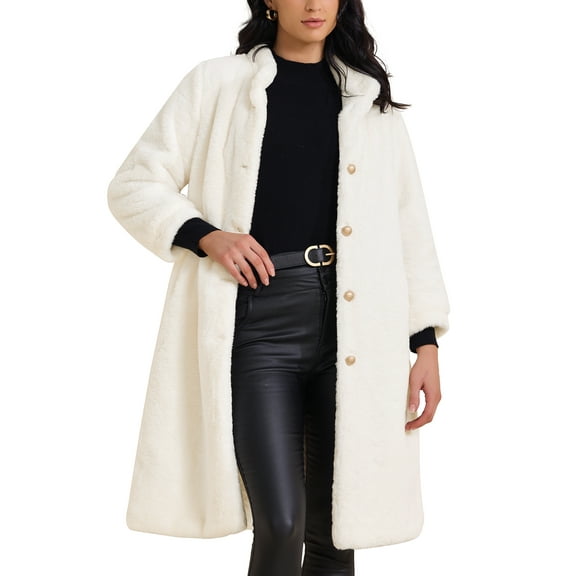 INSPIRE CHIC Women's Faux Fur Long Coat Button Down Long Sleeve Winter Fuzzy Overcoat XS White
