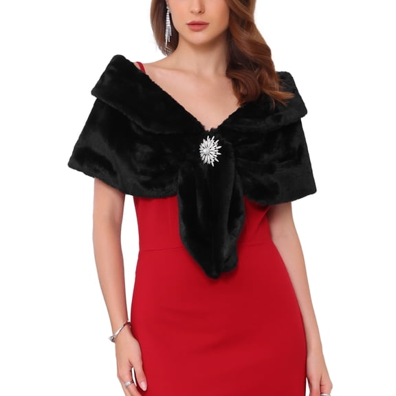 INSPIRE CHIC Women's Faux Fur Shawl Wrap Cape for Bridal Wedding Party Bridal Shrug with Faux Pearl Rhinestone Brooches 2XL Black