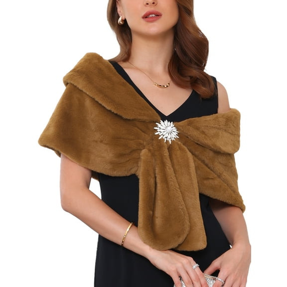 INSPIRE CHIC Women's Faux Fur Shawl Wrap Cape for Bridal Wedding Party Bridal Shrug with Faux Pearl Rhinestone Brooches M Brown
