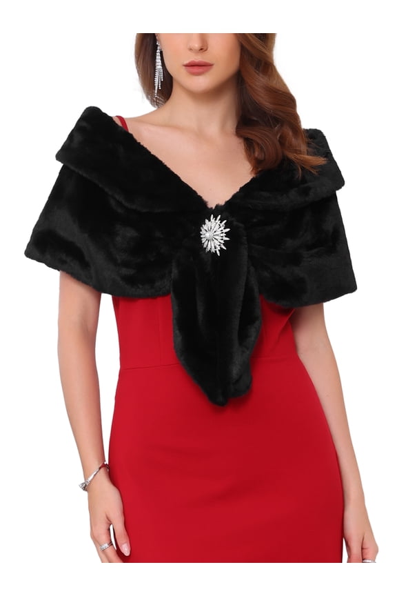 Women's Faux Fur Shawl Wrap Cape for Bridal Wedding Party Bridal Shrug with Faux Pearl Rhinestone Brooches S Black