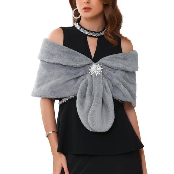 INSPIRE CHIC Women's Faux Fur Shawl Wrap Cape for Bridal Wedding Party Bridal Shrug with Faux Pearl Rhinestone Brooches S Grey