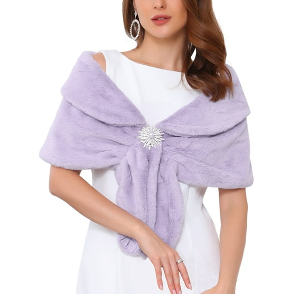 INSPIRE CHIC Women's Faux Fur Shawl Wrap Cape for Bridal Wedding Party Bridal Shrug with Faux Pearl Rhinestone Brooches XL Light Purple