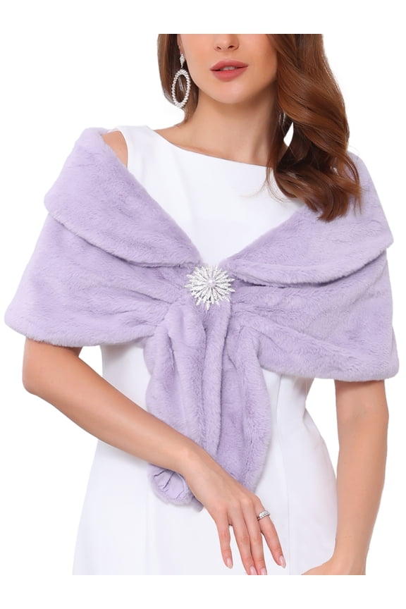 Women's Faux Fur Shawl Wrap Cape for Bridal Wedding Party Bridal Shrug with Faux Pearl Rhinestone Brooches XL Light Purple