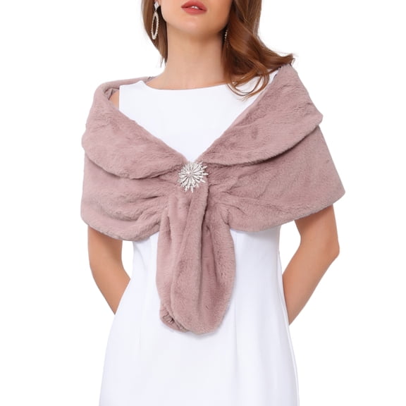 INSPIRE CHIC Women's Faux Fur Shawl Wrap Cape for Bridal Wedding Party Bridal Shrug with Faux Pearl Rhinestone Brooches XL Sandalwood red