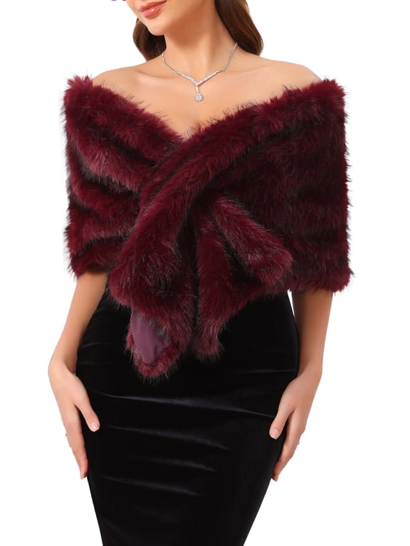 Women's Faux Fur Shrug for Wedding Bridal Stole Cocktail Evening Wraps Shawls L Burgundy