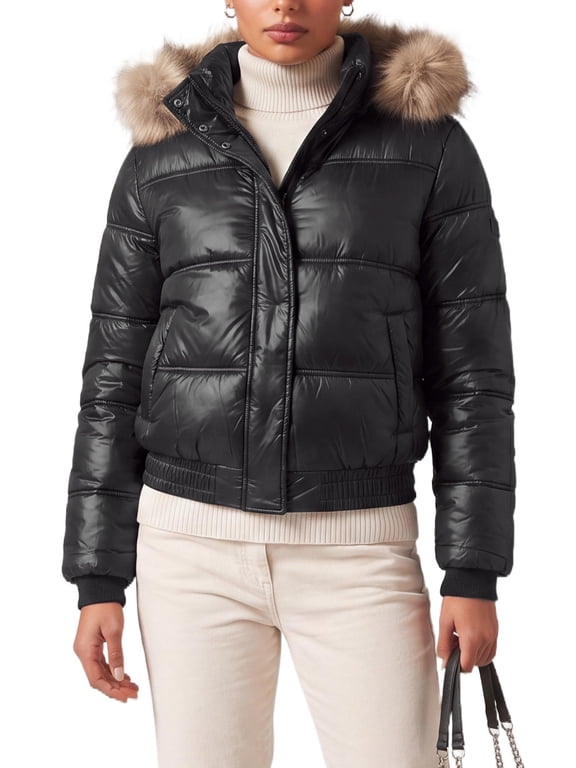 Women's Faux Fur Trim Hooded Jacket Puffer Cropped Outerwear Large Black