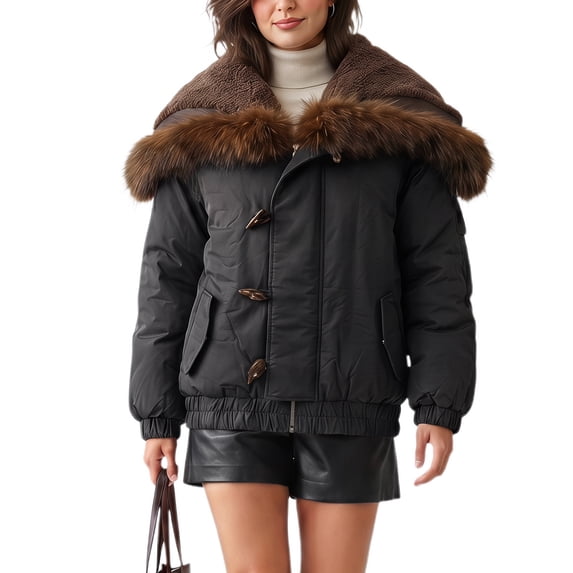 INSPIRE CHIC Women's Faux Fur Trim Jacket Cropped Oversized Adjustable Fleece Lined Small Black