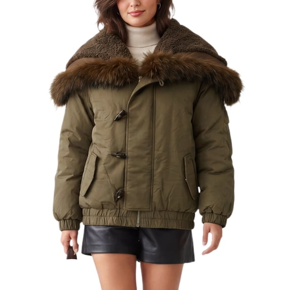 INSPIRE CHIC Women's Faux Fur Trim Jacket Cropped Oversized Adjustable Fleece Lined X Large Coffee