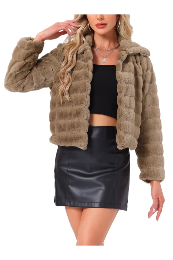 Women's Faux Fur Turn Down Collar Open Front Cropped Fluffy Jacket L Dark Khaki