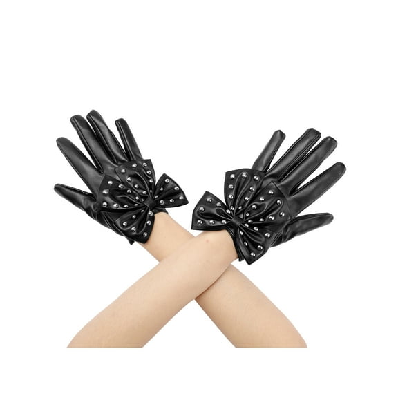 INSPIRE CHIC Women's Faux Leather Gloves Snap Punk Gothic Wrist Length Glove with Studded Bowtie One Size Full Finger Black