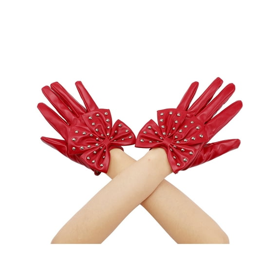 INSPIRE CHIC Women's Faux Leather Gloves Snap Punk Gothic Wrist Length Glove with Studded Bowtie One Size Full Finger Red