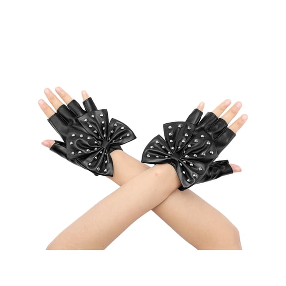 INSPIRE CHIC Women's Faux Leather Gloves Snap Punk Gothic Wrist Length Glove with Studded Bowtie One Size Half Finger Black