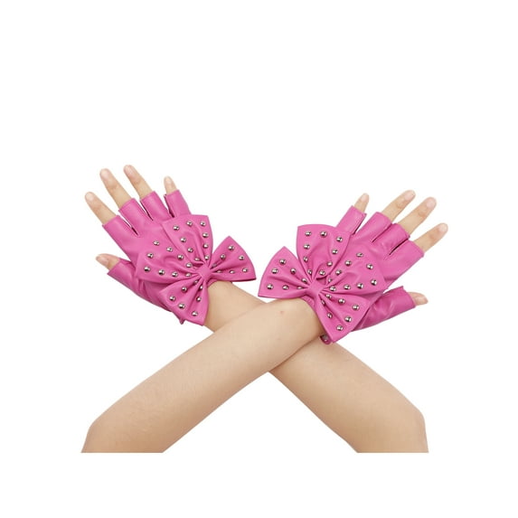 INSPIRE CHIC Women's Faux Leather Gloves Snap Punk Gothic Wrist Length Glove with Studded Bowtie One Size Half Finger Pink