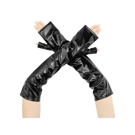 INSPIRE CHIC Women's Faux Leather Long Sleeve Fingerless Gloves Arm Warmers for Cosplay Fashion One Size Black